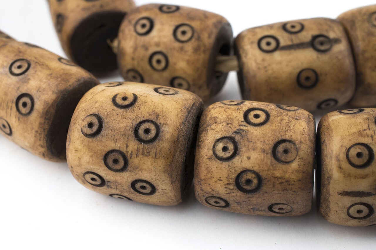 The Bead Chest Carved Eye Brown Bone Beads Barrel 26mm Kenya African Cylinder Large Hole 24 Inch Strand Handmade